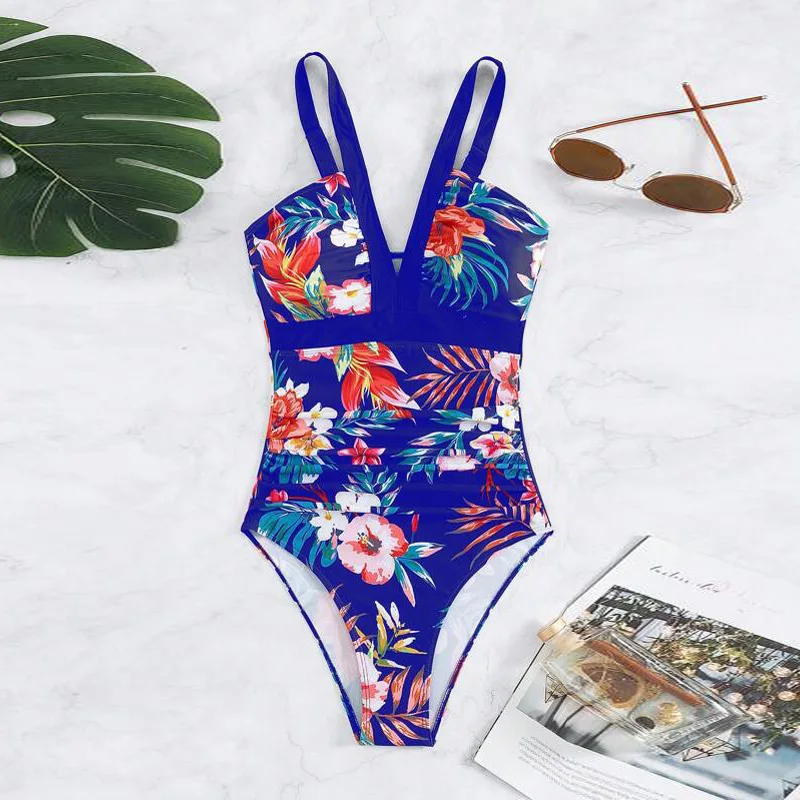 Deep V Sexy Strappy Swimsuit One Piece Printed Floral Swimwear Bathers Bathing Padded Beachwear Summer Women's Bikinis 2025