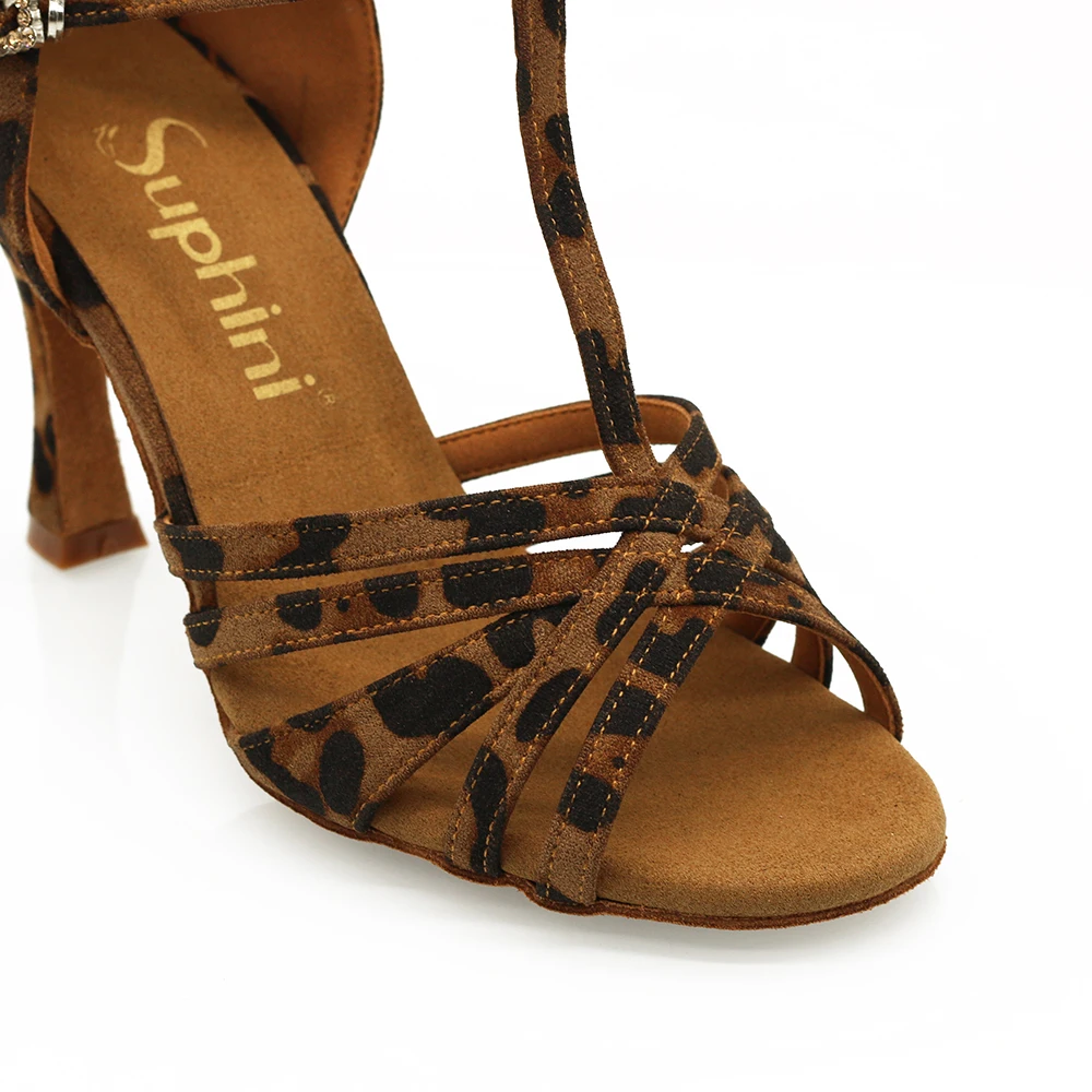 Suphini【Faddy】Yellow Leopard Fabric 8.5cm Flare Heel Dance Shoes