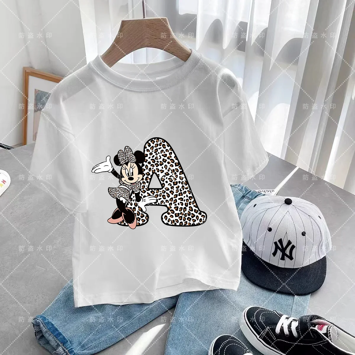 Minnie Letter A B C D Children T-shirt Kawaii Disney Clothes for Girls T Shirt Anime Cartoons Casual Kid Boy Short Sleeve Tops