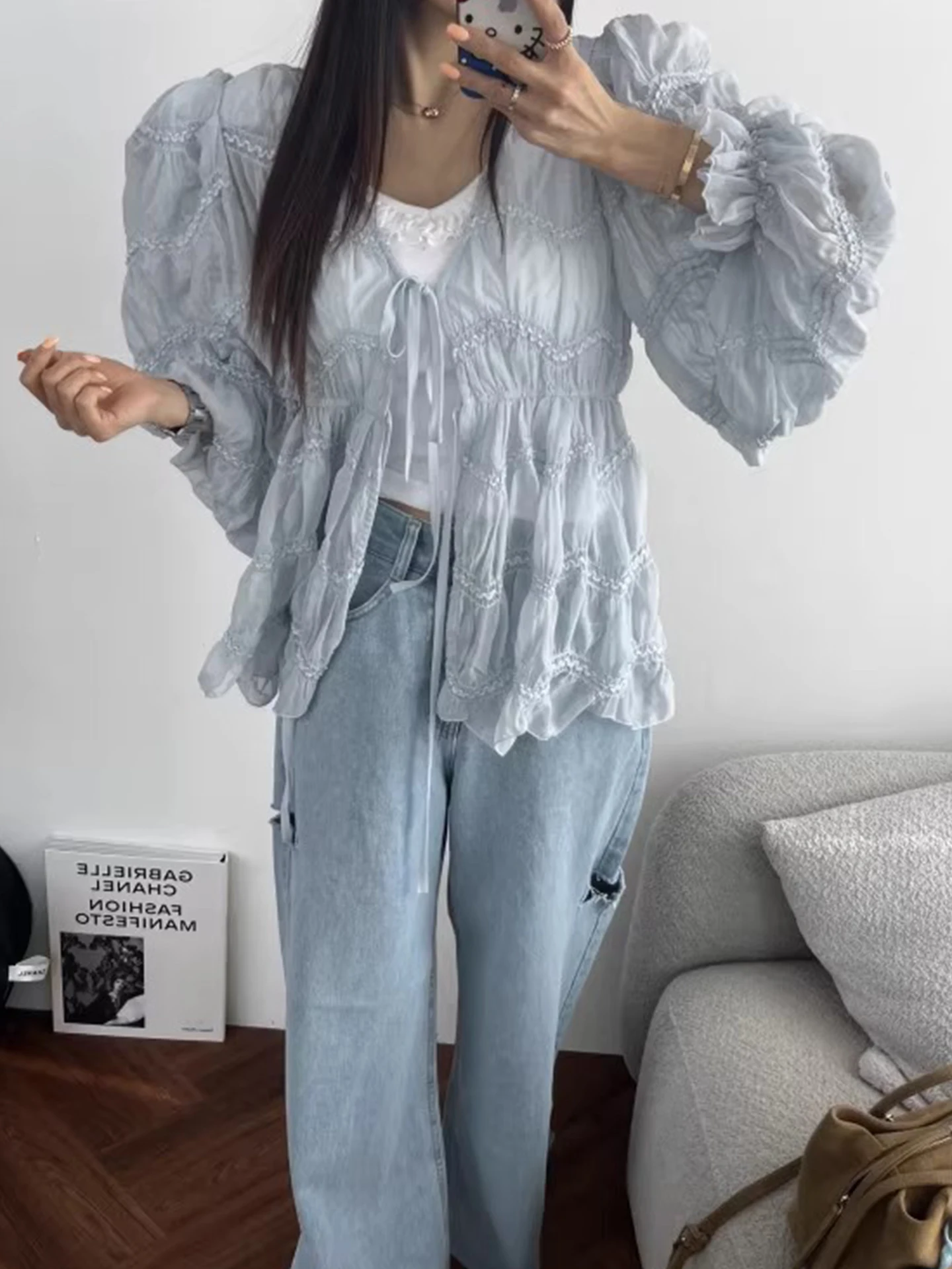 

Spring New Design Heavy Embellied Bubble Sve irt Women's Sun Protection Open Cardigan Top Polyester Fiber Long Sve