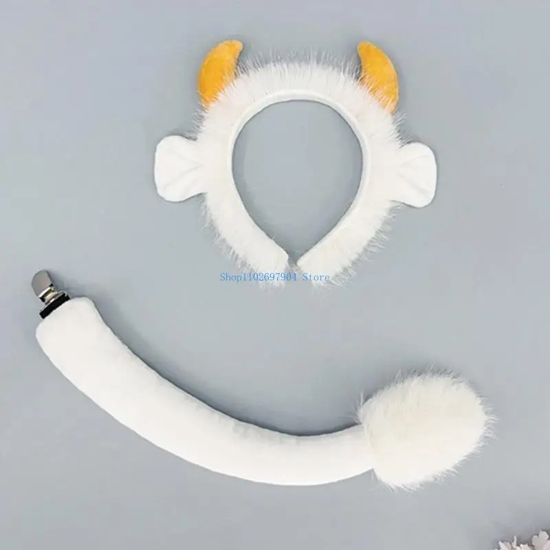 n7yf 1/2pcs 동물 야크 의상 세트, 야크 귀 머리띠 야크 테일 할로윈 팬시 드레스 파티 소년 소녀 소녀