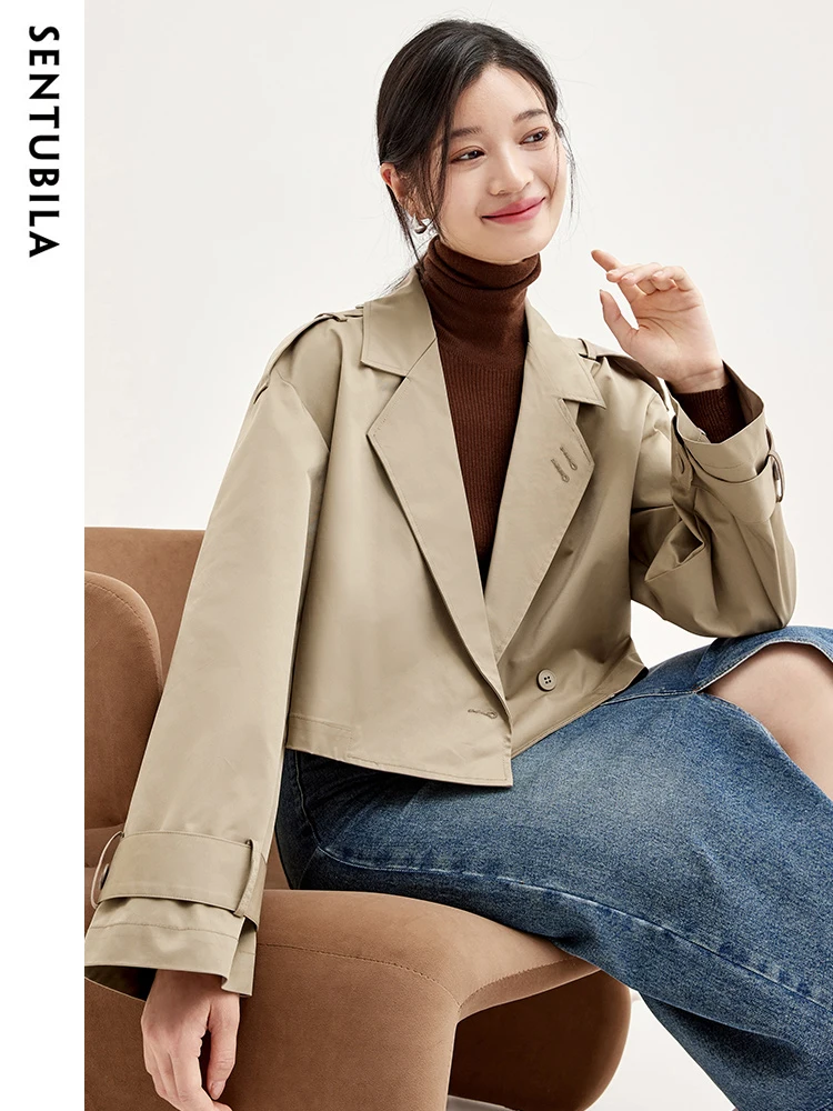 SENTUBILA Trench Coat Women 2024 Spring Autumn Windbreaker Cropped Chic and Elegant Woman Jacket Simple New Outwear W33F51772