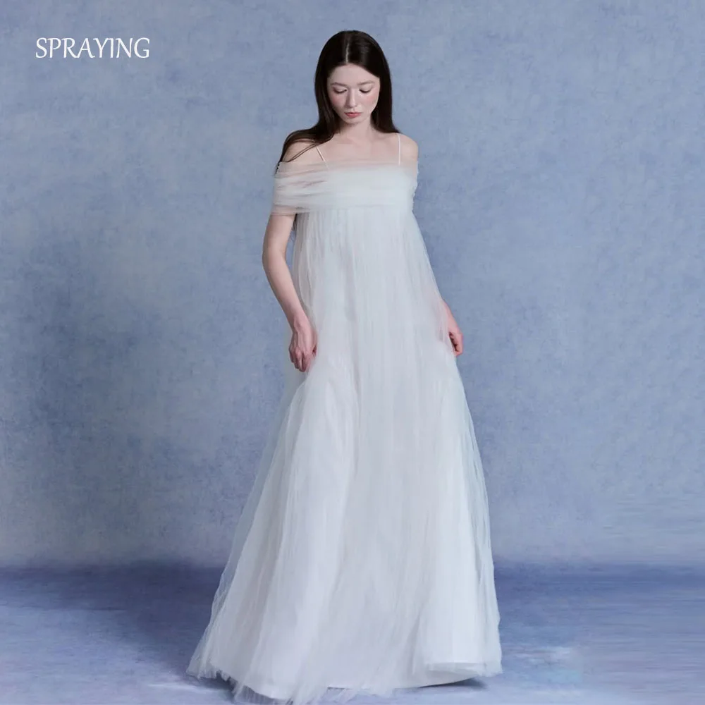 SPRAYING Simple Ivory Tulle Wedding Dresses Korea Photo Shoot Strap Shawl A-line Long Bridal Gown Corset Customized 웨딩드레스