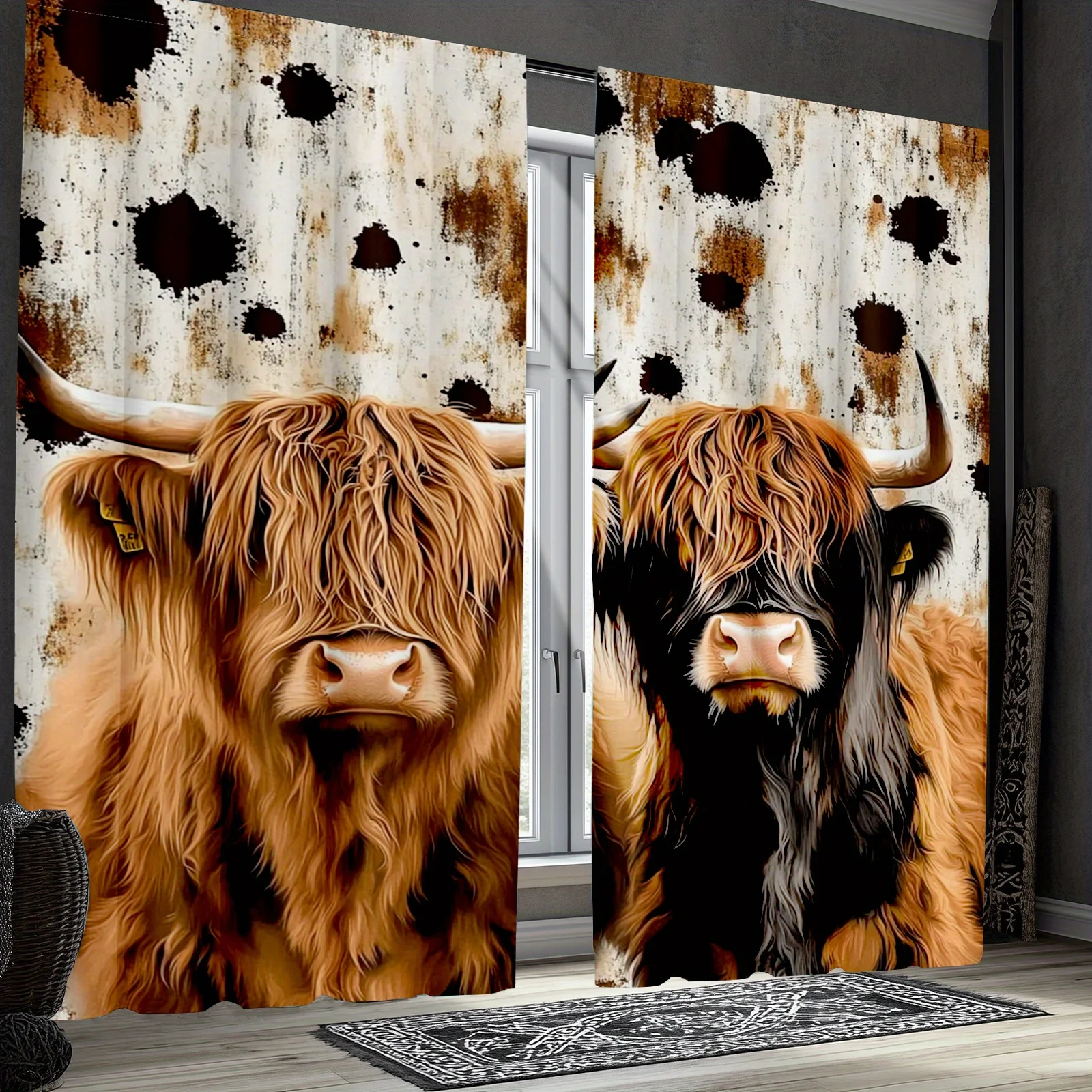 Farmhouse Highland Cow Curtains Pair 2pcs Rustic Animal Print Boho Window Drapes Beige Cottage Decor for Living Room Home