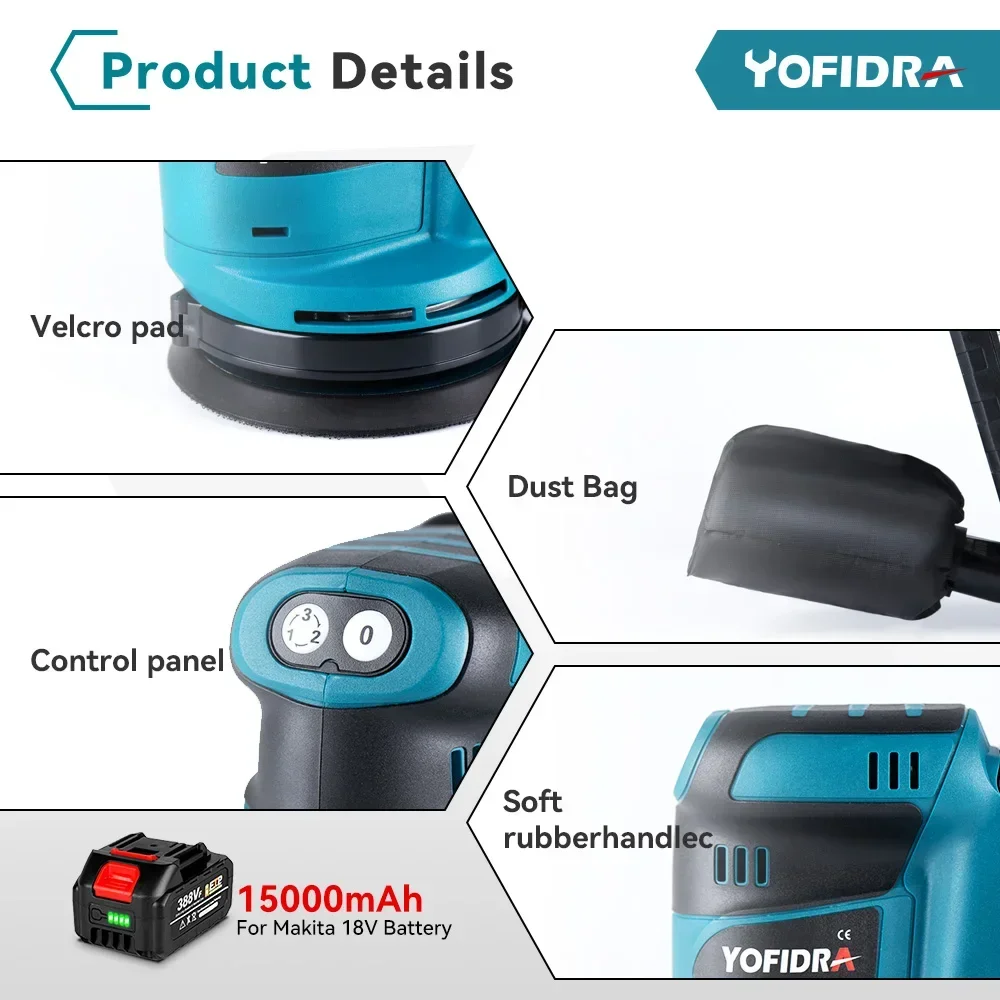 Yofidra 125mm Electric Orbital Sander 3 Speeds Adjustable Cordless Rechargeable Polishing Grinder Machine for Makita 18V Battery