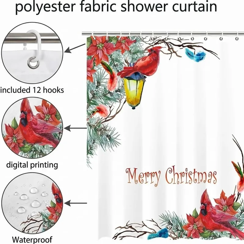 Watercolor Red Cardinal Poinsettia Pine Branch Street Lamp Christmas Bathroom Shower Curtain No Drilling with 12 Hooks