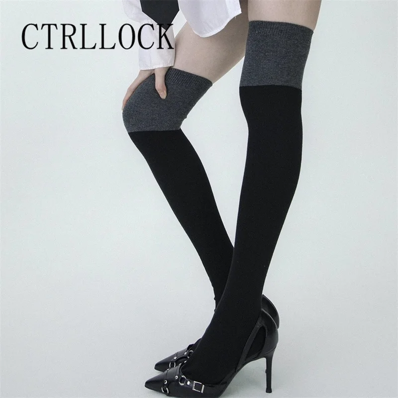 CTRLLOCK Elegant Chic Black Gray Patchwork Over Knee Stockings Slim Normcore Long Socks