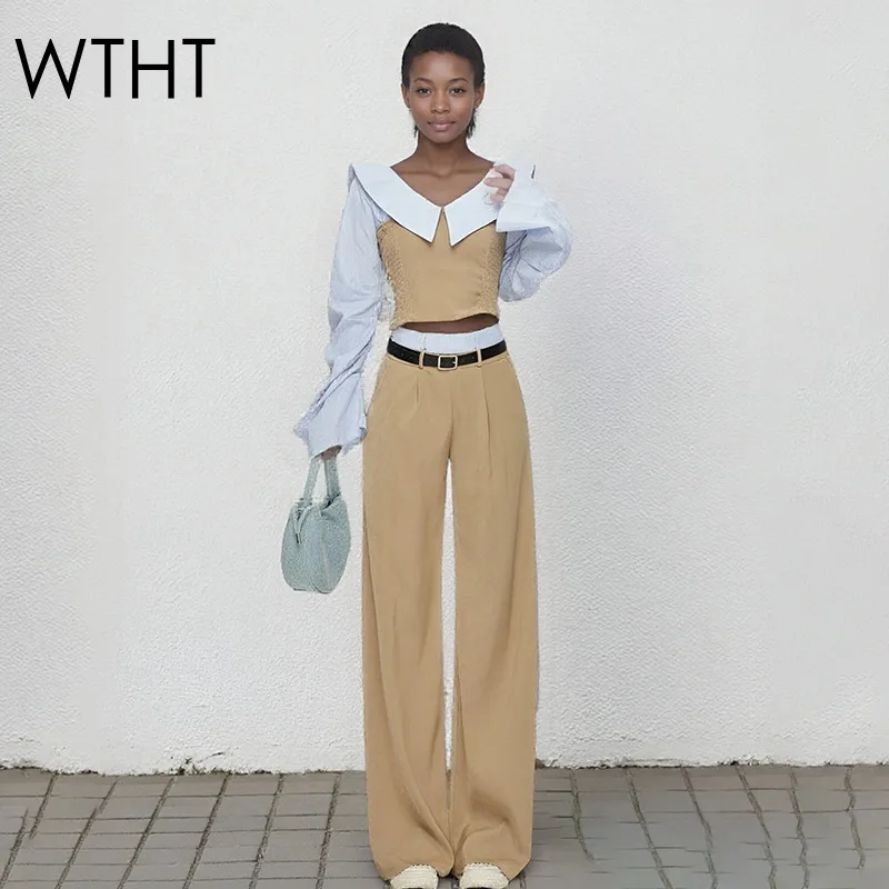 

WTHT Trendy Women's Suits Patchwork Striped Long Sleeves Strapless Shirt High Waist Casual Pants Set Female 2025 Summer 1LS2150