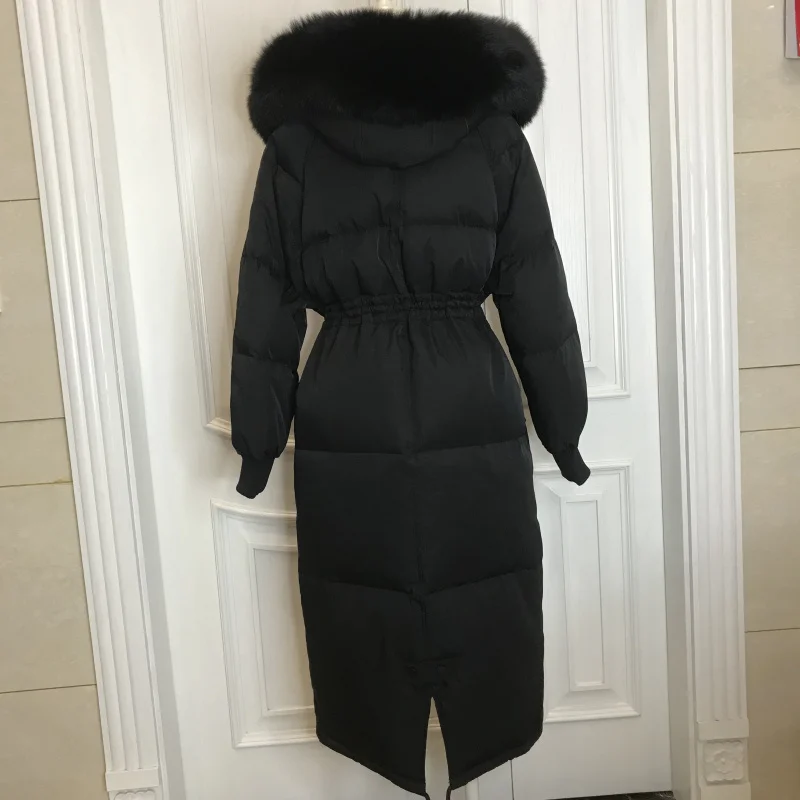 Russische Winter Down Jassen Solid Hooded Vrouwen Dikke Puffer Jassen Fox Bontkraag Trekkoord Riem Casual Lange Uitloper Overjassen