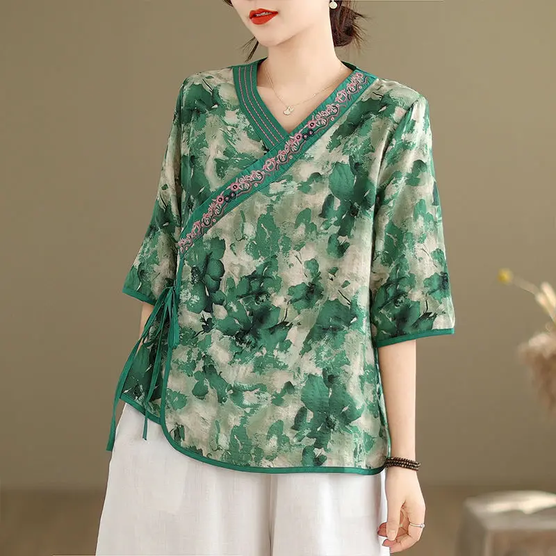 

Vintage Chinese style Summer Diagonal V-neck Women's Printing Lacing Fashion Elegance Versatile Half Sleeve Slim Shirt Tops