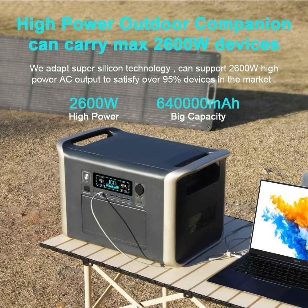 2048Wh 2600W Portable Power Station with 200W 400W Flexible Solar Panel Mobile Solar Generator Power Bank for Emergency Use