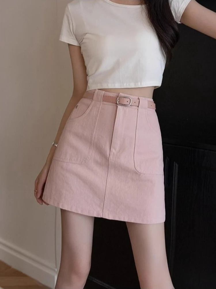 Slimming Denim 2026 Summer New Arrival High Waist Casual Letter Pocket Short Skirt Women Anti Exposure Solid Color