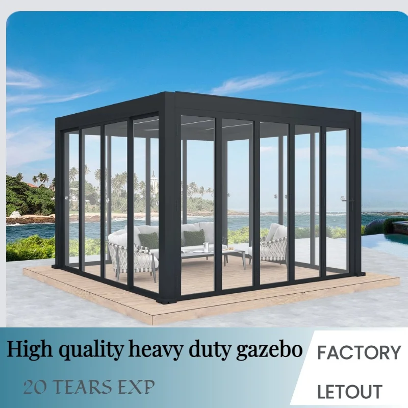 Frameless Design for Villa Patio or High-End Outdoor Lounge Custom Aluminum Glass Pergola with Sliding Door Panels
