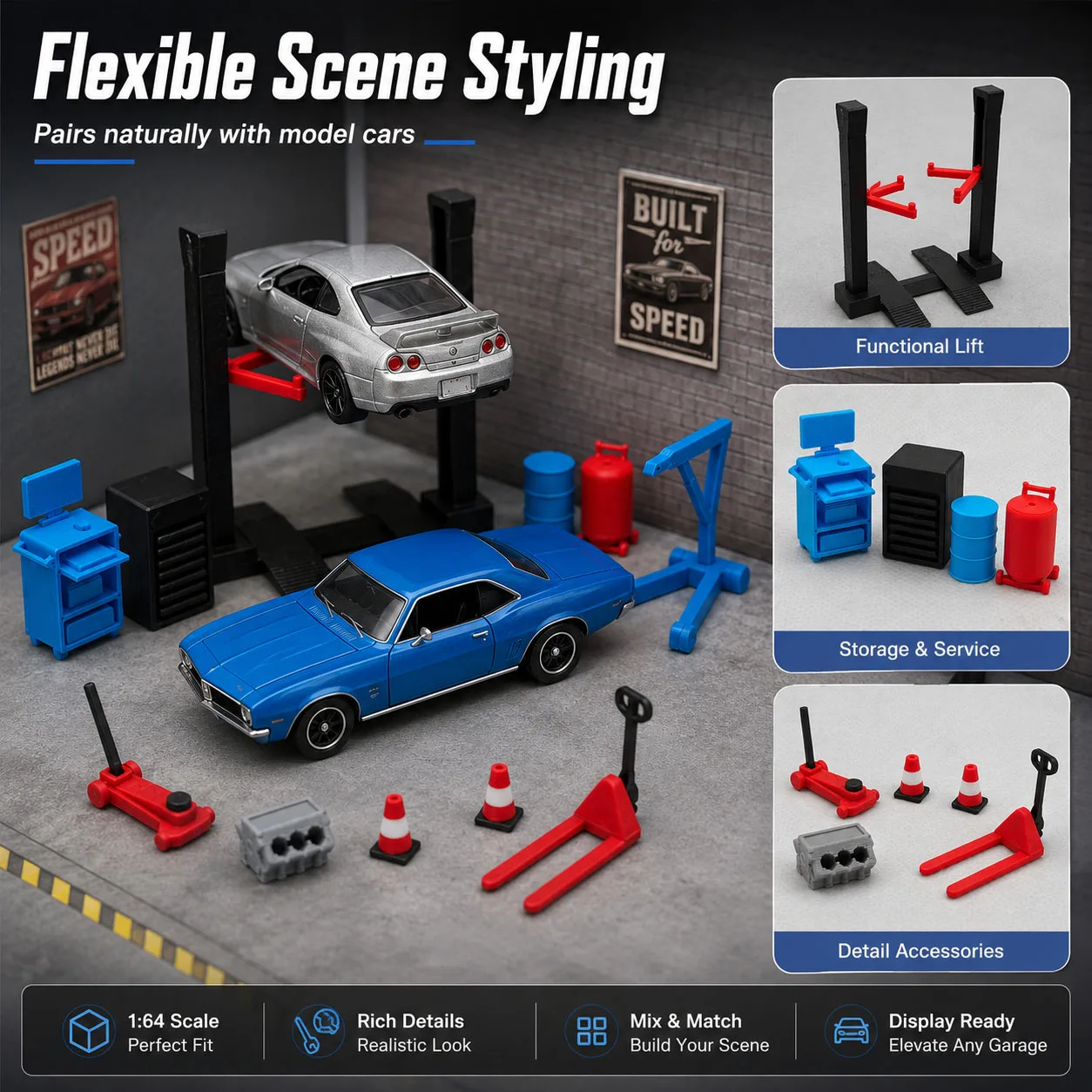 1:64 Garage-Werkstatt Miniatur-Zubehörset, Autowerkzeug-Set, Reparaturwerkstatt-Diorama-Dekor für Modellautos – Detail 3