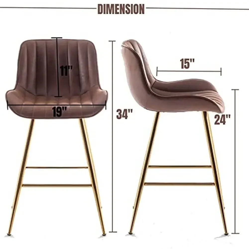 Conjunto de 4 bancos de bar ergonômicos de veludo com encosto estilo meados do século pernas douradas assentos de altura de balcão 24 "de altura cozinha moderna