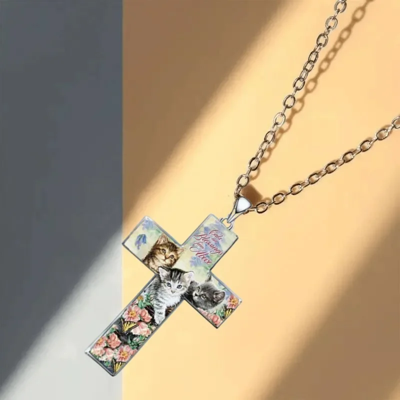 Stylish and Exquisite Three Cats Cross Pendant Necklace for Kid Christian Religious Jewelry Accessories for Friend Birthday Gift image 3