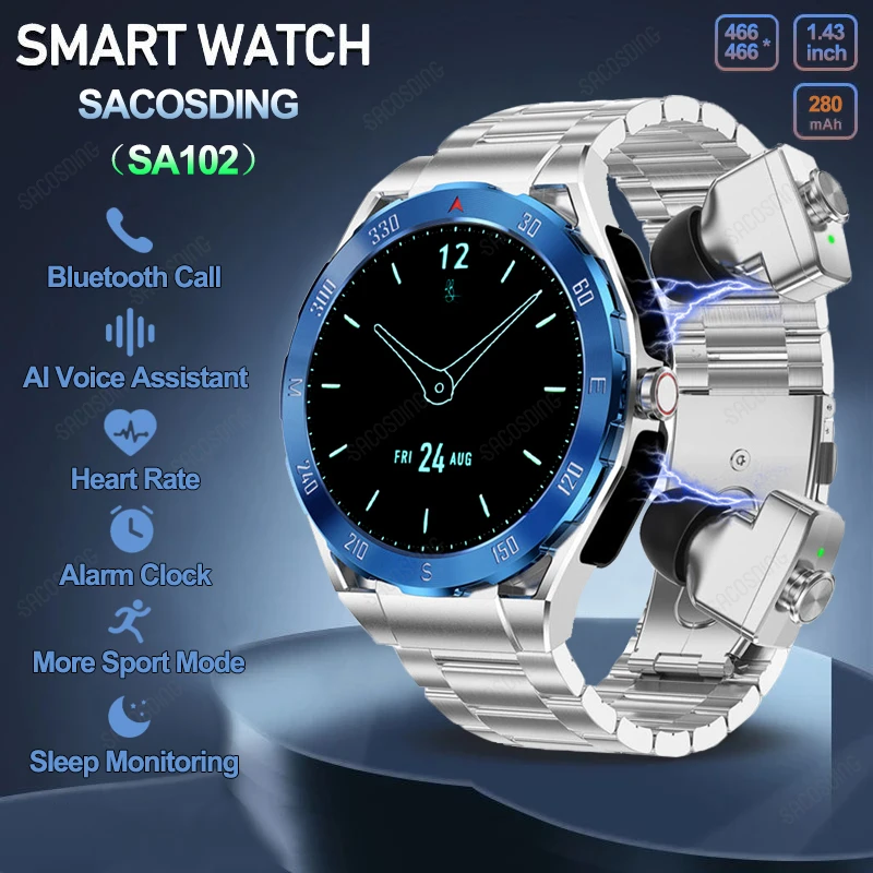 

SACOSDING SA102 Smart Watch Men 2 in 1 Earbuds Smartwatch TWS Bluetooth Earphone Heart Rate Monitor Sports Fitness Watch 4GB RAM