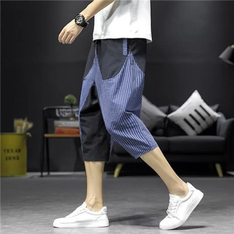 

Trendy Summer Slim Striped Patchwork Men's Elastic Waist Pockets Drawstring Shorts Fashion Casual Loose Calf Length Pants