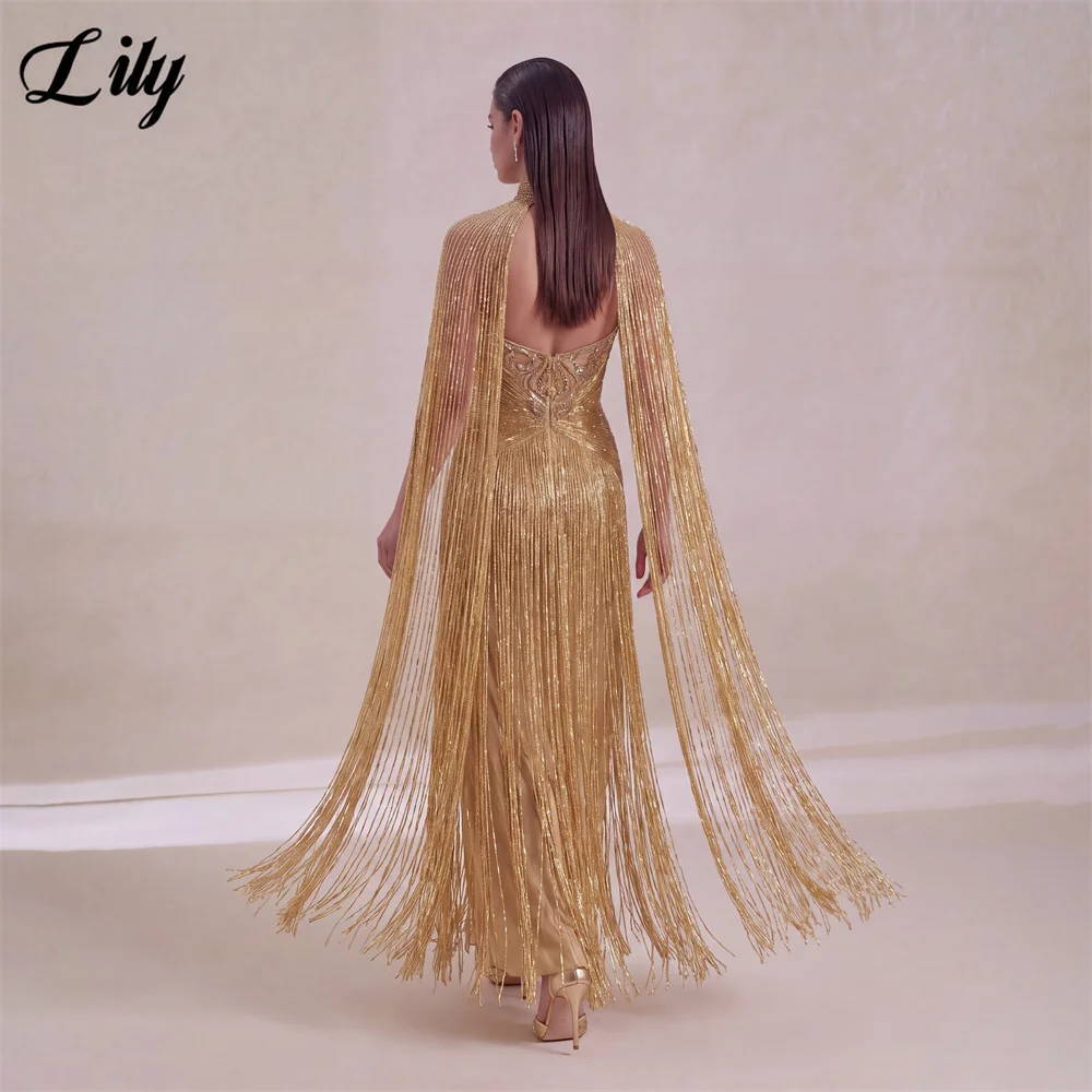 Lily Gold High Neck Party Dress Cape Sleeve Mermaid Evening Dress Beaded Fringe Formal Gown Zipper Back Prom Gown Customized