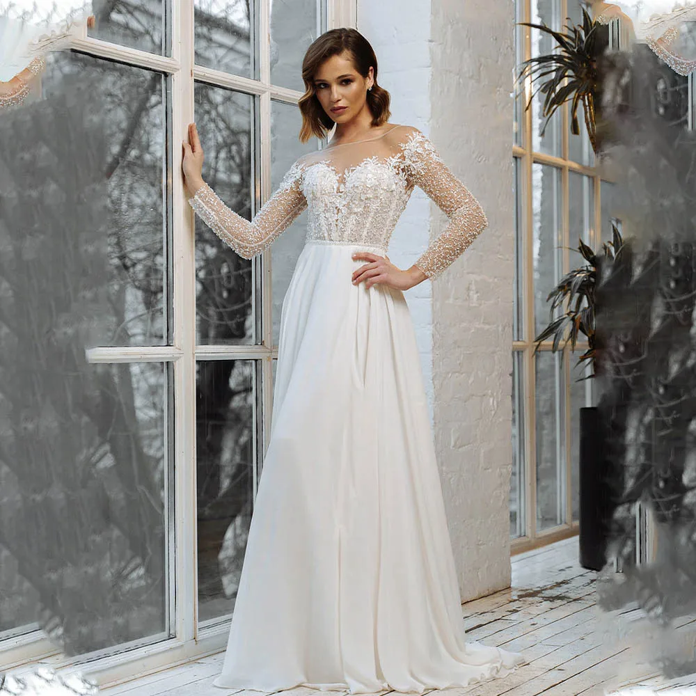 

Sexy Sheer Illusion Long Sleeves Beaded Applique A Line Bridal Grown Wedding Dresses Custom Made 2024 Vestido De Noival