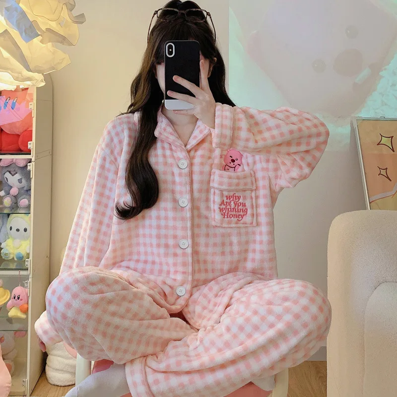 

Winter Pink Loopy Pajamas Set Girls Plaid Beaver Sleepwear Long Sleeve Cartoon Thick Home Clothes Fleece Soft Nightclothes