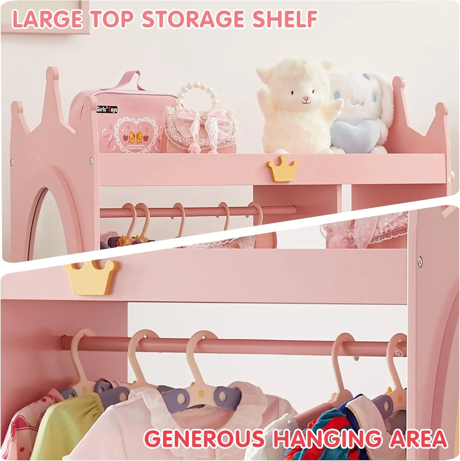 Kids Dress up Storage with Mirror, 2 Storage Bins & Cloth Hanger, Kids Play Armoire Dresser Pretend Storage Closet for Bedroom,