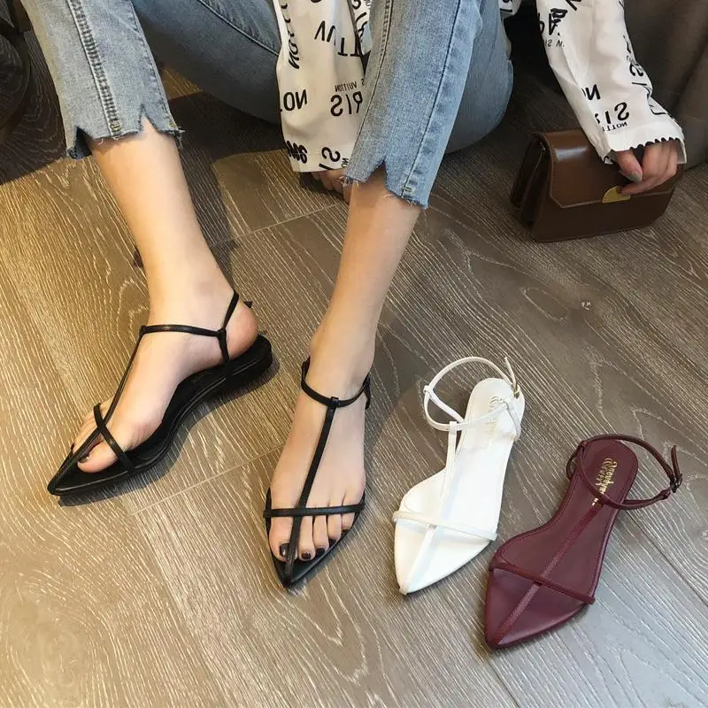 Versatile Korean Pointed Toe Flat Sandals One Word Thin Strap Flat Heel Soft Bottom Buckle Strap Roman Shoes