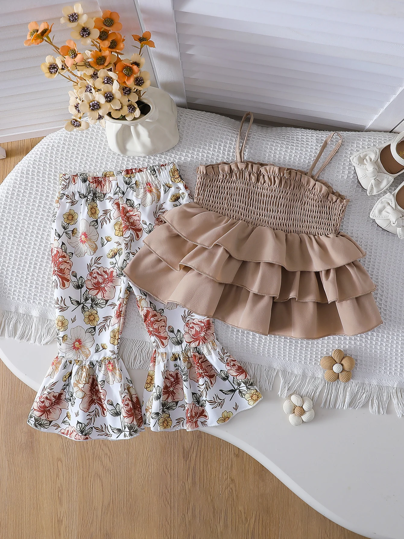 New Summer Baby Girls' Bodysuit Cake Dress with Flared Pants Two-Piece Set