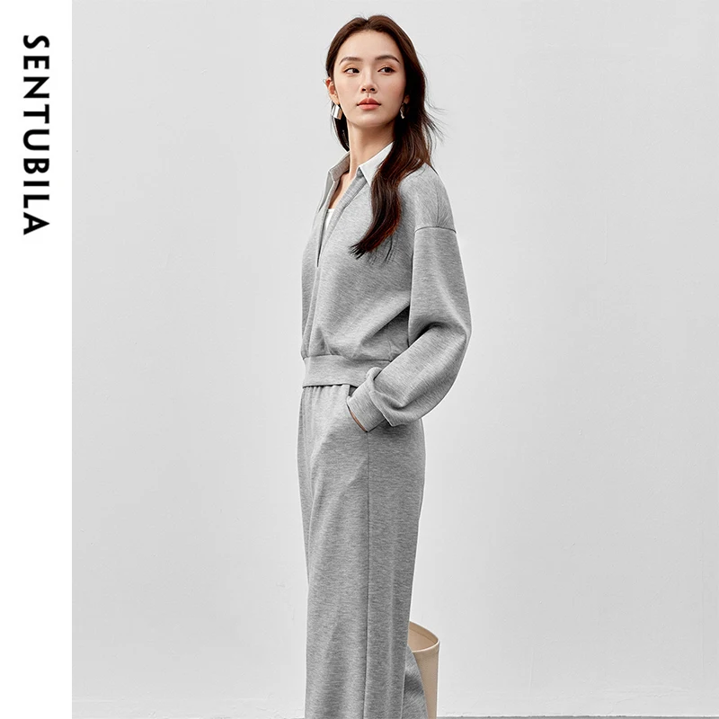 SENTUBILA 2 Piece Woman Pant Set 2026 Spring Casual Gray Spliced Sweatshirt Straight Pants Woman Autumn Matching Sets151Z58740