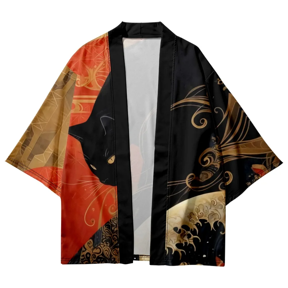 Ukiyo-e Style Black Cat Print Cardigan Haori Women Japanese Samurai Cosplay Kimono Streetwear Men Traditional Plus Size Yukata