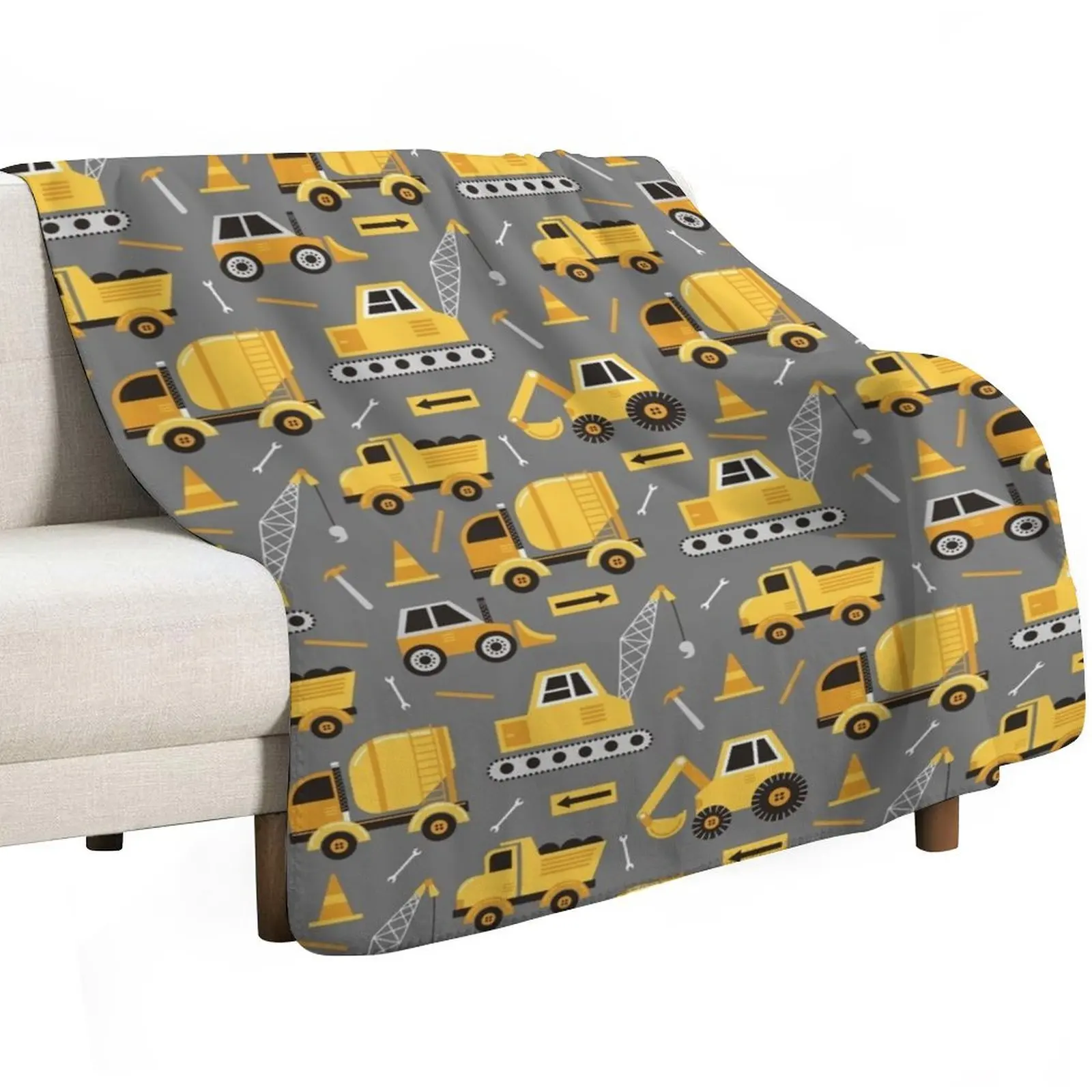 Construction Trucks on Gray Throw Blanket Luxury Designer Soft Plush Plaid Luxury Thicken Nap Soft Plaid anime Blankets