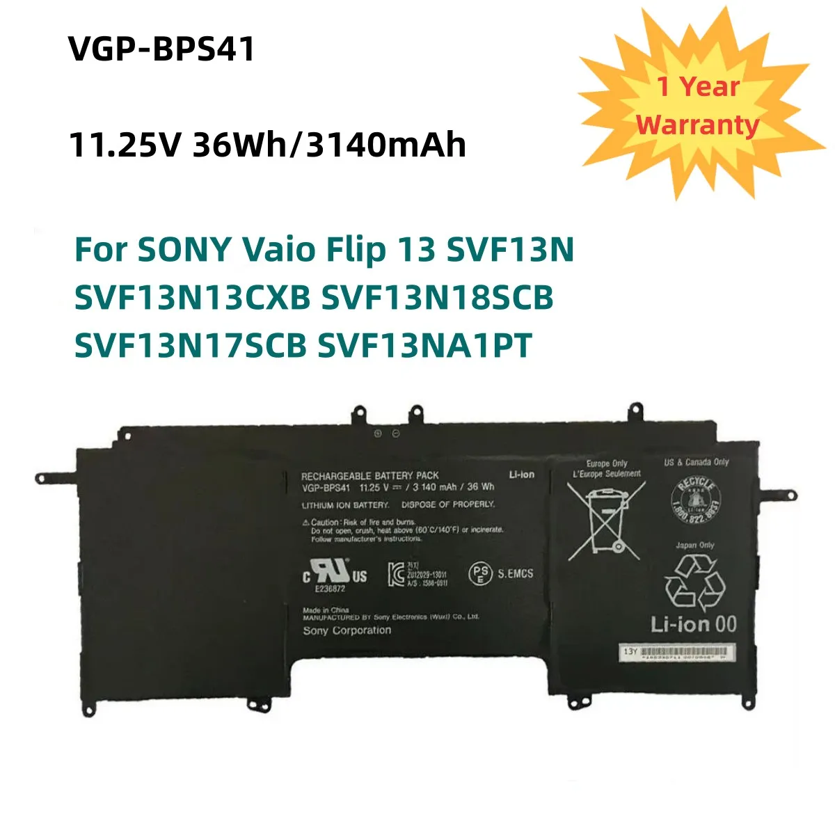 

VGP-BPS41 Loptop Battery For SONY Vaio Flip 13 SVF13N SVF13N13CXB SVF13N18SCB SVF13N17SCB SVF13NA1PT 11.25V 36Wh