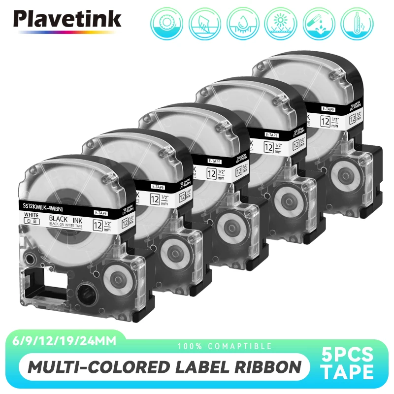 PLAVETINK 5pcs 6/9/12/18/24mm Label Tape SS12KW ST9KW ST6KW ST18KW ST24KW Compatible for EPSON/Kingjim LW 300 400 600P 700 Maker