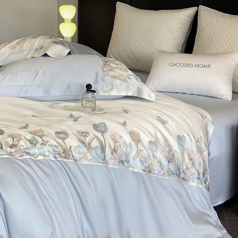 

4Pcs Blue Pink Luxury Butterfly Flowers Embroidery Bedding Set Egyptian Cotton Duvet Cover Bed Sheet/Fitted Sheet Pillowcases