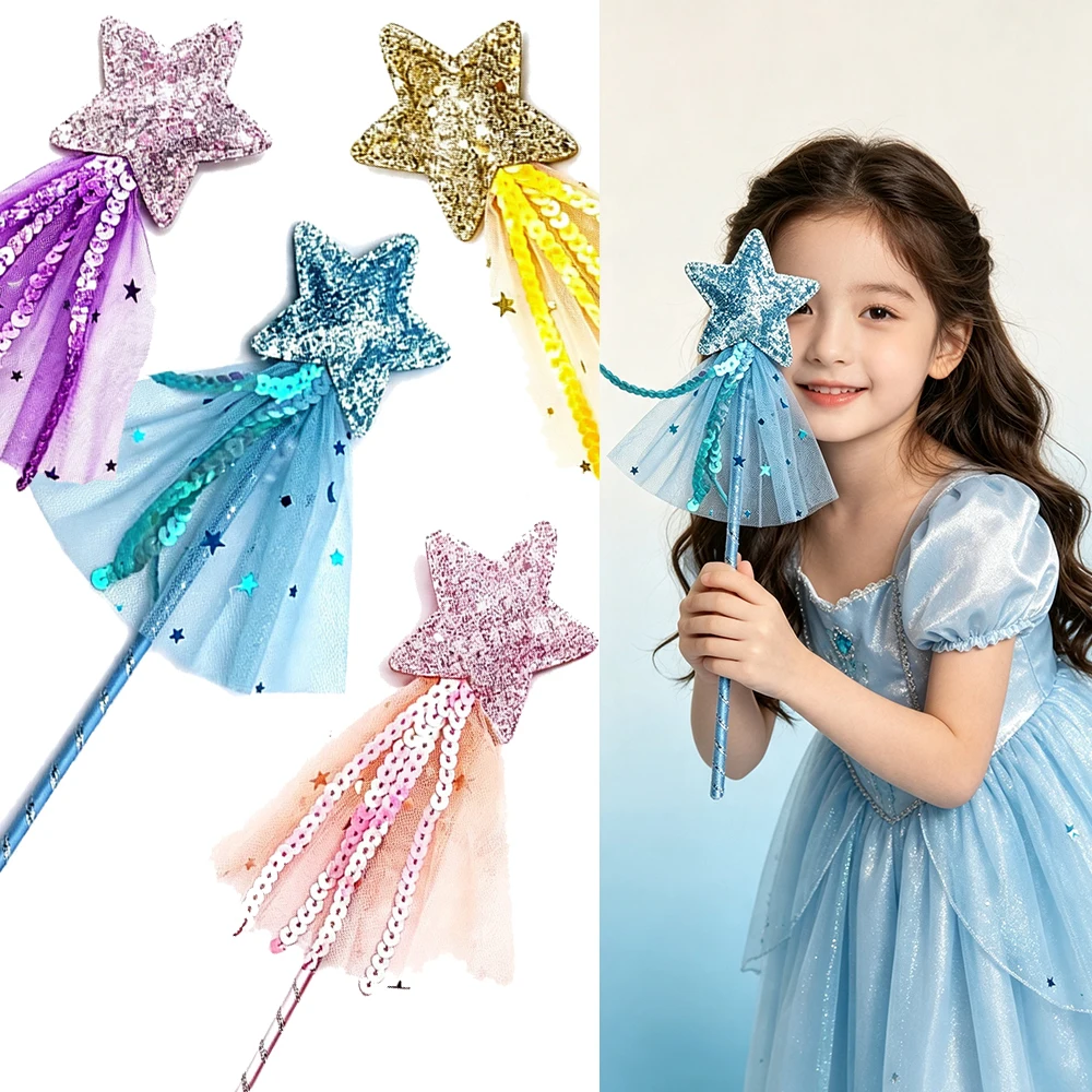 Magic Five Pointed Star Fairy Wand with Tassel Ribbon for Kids Birthday Party Halloween Cosplay Stage Performance Prop
