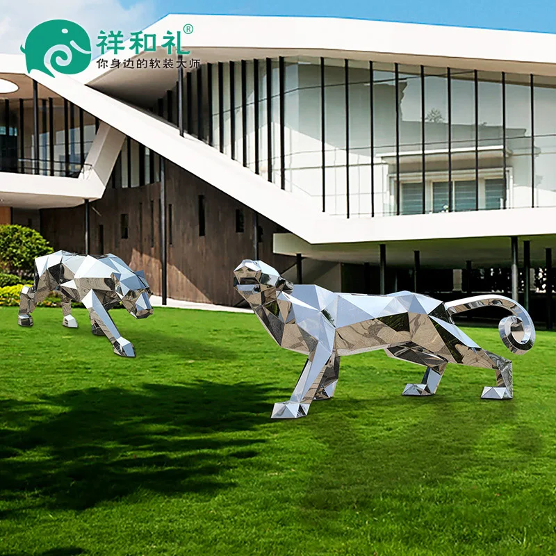 

XL Large Outdoor Stainless Steel Geometric Leopard Sculpture Wealth-Attracting Realistic Animal Ornament