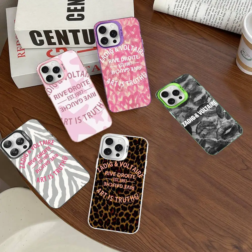 Funda Clásica con Logotipo Z-Zadig V-Voltaire para iPhone 17 12 11 13 14 15 16 Pro Max Plus, Color Plateado