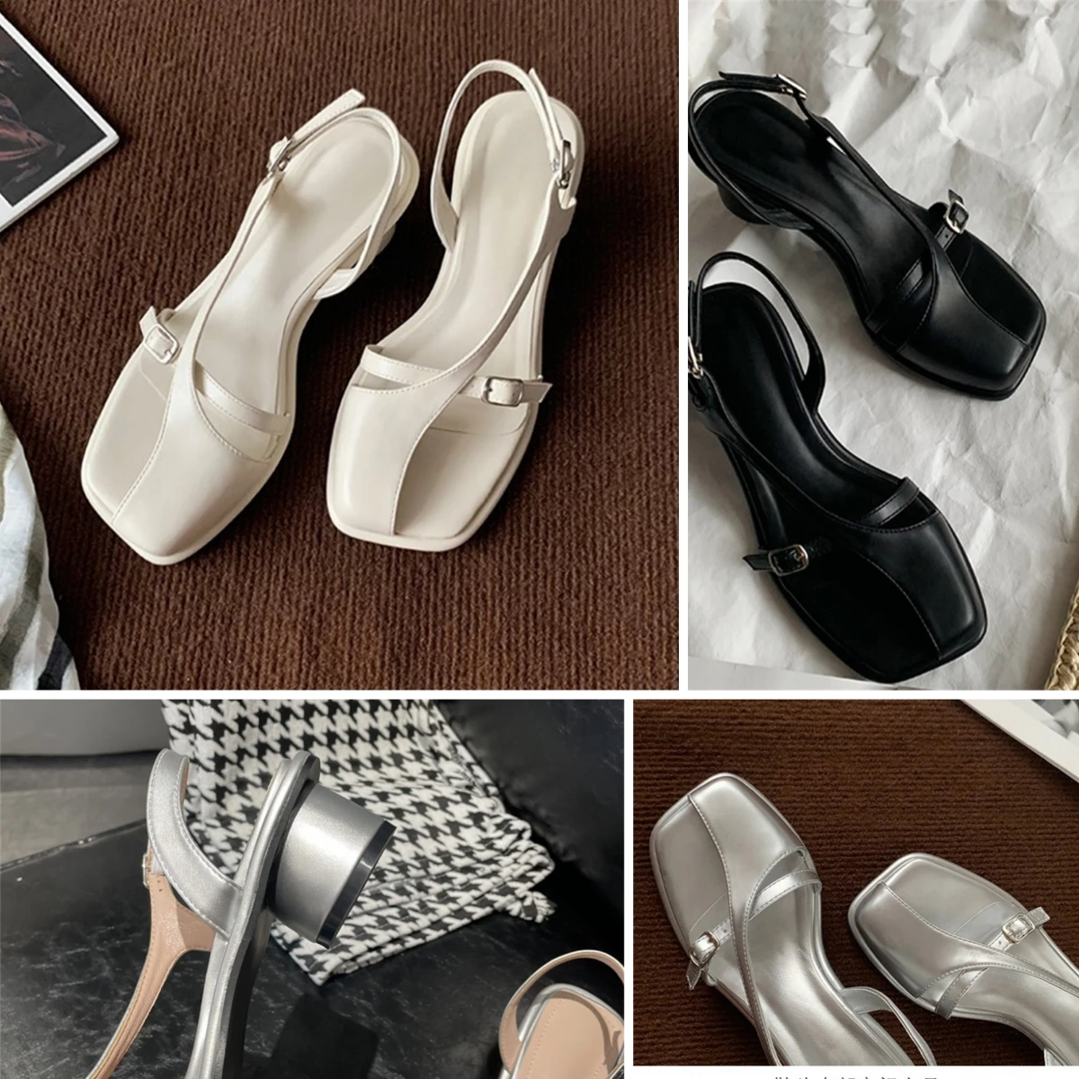 

Luxury Arched Heel Asymmetrical Ankle-Strap Casual Square Open Toe Mid Block Heels Cutout Women Pumps Sandals Shoes For Women