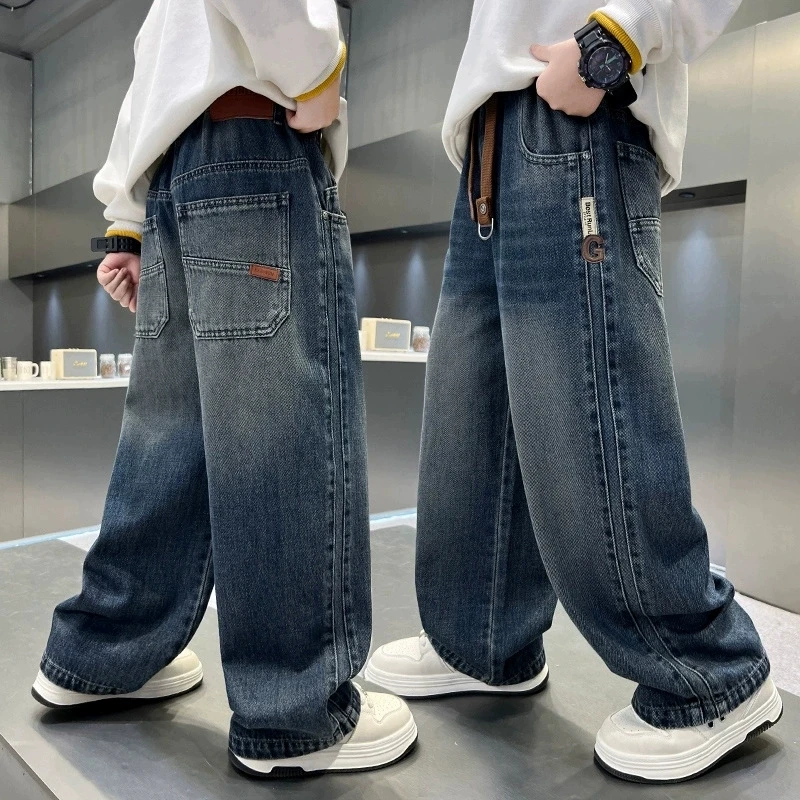 Jungen-Jeans mit weitem Bein, 5–14 Jahre, Frühling und Herbst, modisch, cool, lässig, sportlich, gerade Denim-Hose für Kinder, lockere Hose