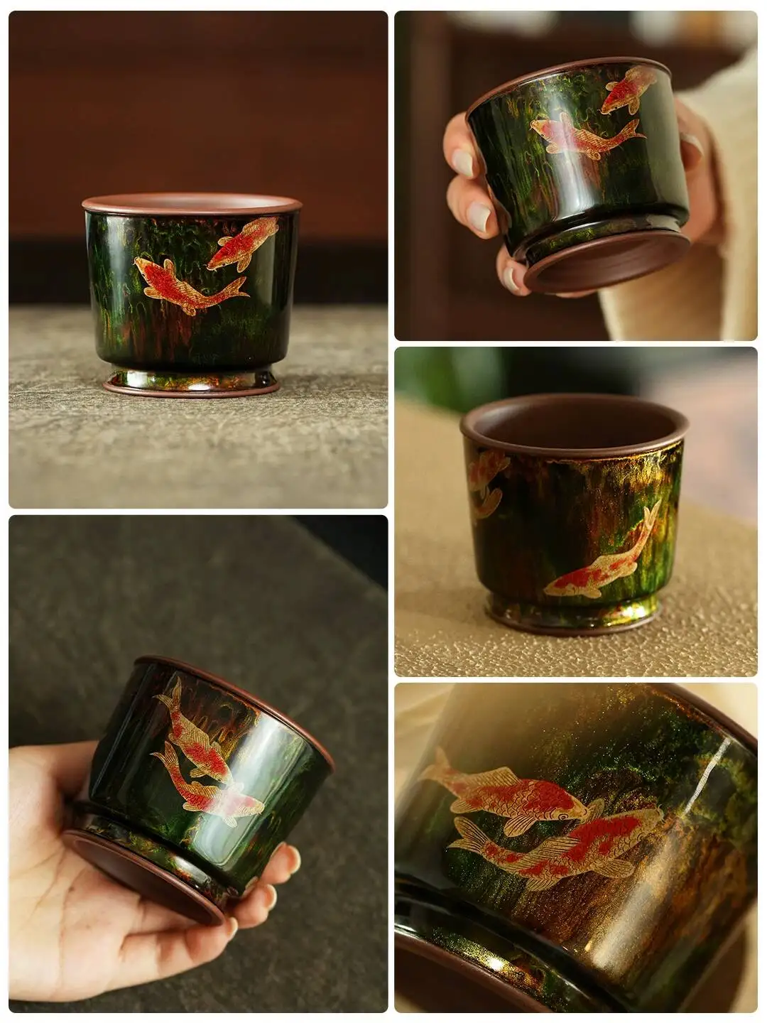 Yihuchun High-End Tea Cup, Intangible Cultural Heritage Lacquer Fish Play Pattern Old Purple Clay Rongtian 160C Master Cup