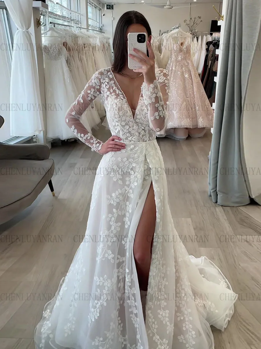 

Ivory Applique Wedding Dresses V-Neck Side Split Sexy Bride Dresses Long Sleeves Elegant Dress For Women 2023 Robe De Mariée