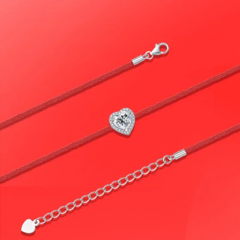 Shining U S925 Silver Moissanite Heart Redline Bracelet  Fine Jewelry for Women New Chinese Style Gift