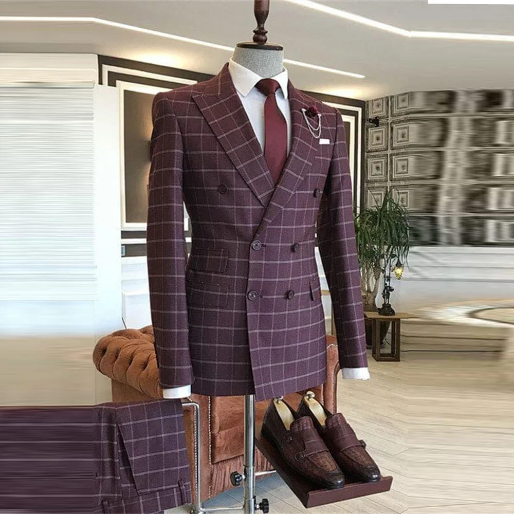 

Purple Business Men Suits High Quality Formal Occasion Peak Lapel 2 Pieces Jacket Pant Double Breasted Male Clothing Stylish