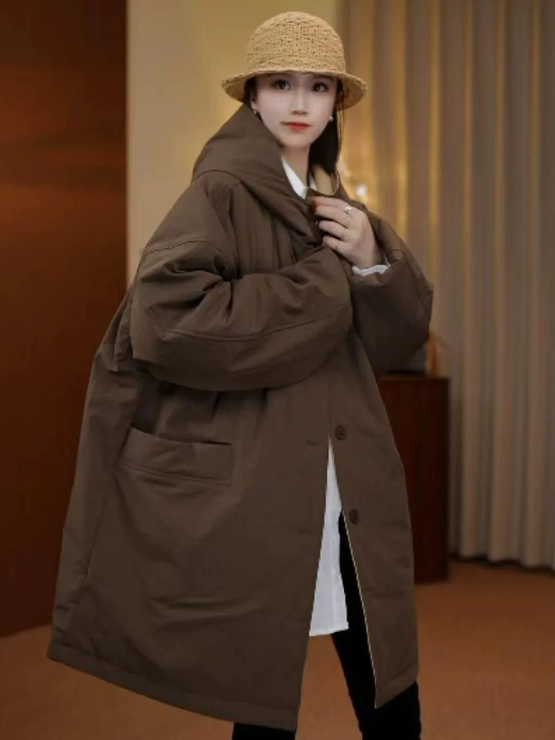 

Faionable Thiened Winter Cotton Jaet Women's Loose Fit Hooded Mid-Length Coat Double-Sided Wear Warm Trendy Outerwear