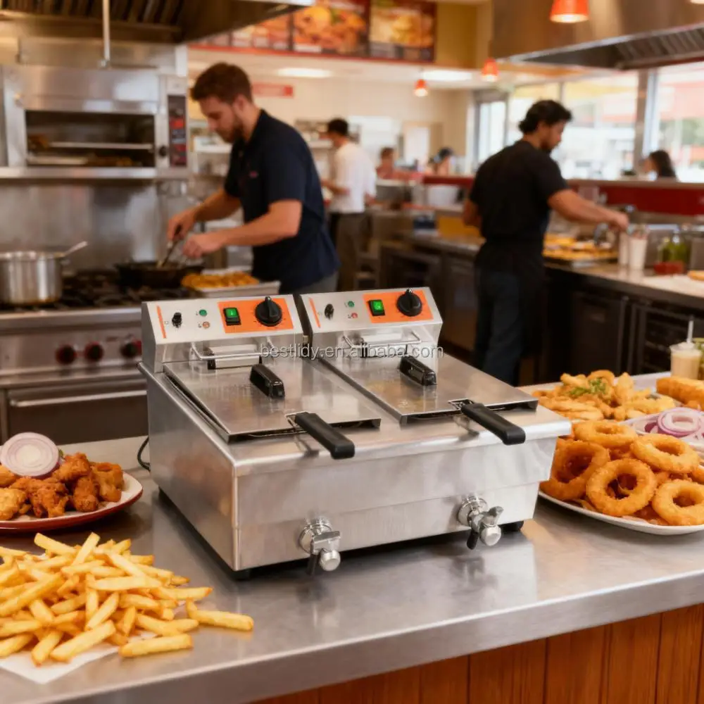 OEM 110V 220V 240V CE RoHS Industrial Stainless Steel Commercial Electric 8L+8L 3000W+3000W Chicken Chips Deep Fryer 1