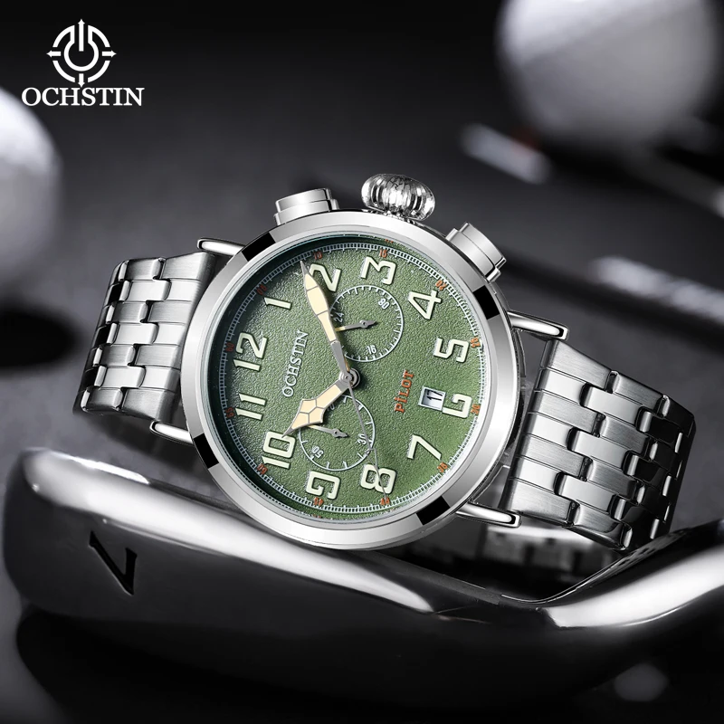 OCHSTIN Casual Aviation Male Quartz Timepiece Practical Multi-function Quartz Movement Stainless Steel Strap Waterproof Wrist