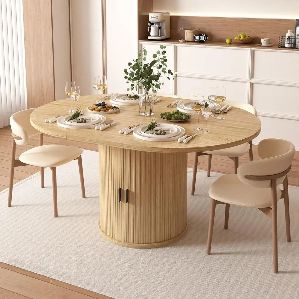 Round Solid Wood Dining Table for 4-6, Space-Saving with Pedestal Base and Slide Storage