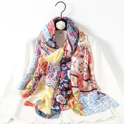 Floral Printed Silk Satin Scarf Elegent Shawl Fallow Travel Head Wrap Women Outdoor Windproof Shawls 180*90cm