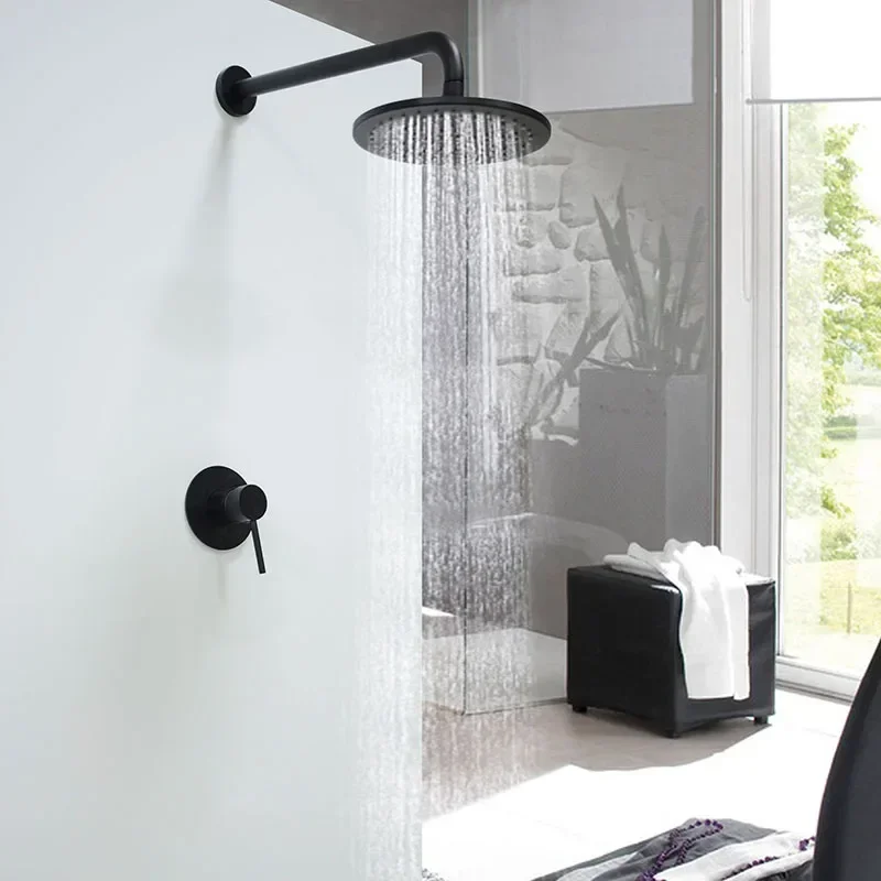 Bathroom black wall mounted bath shower set single way brass mixer faucet 2 mm thick stainless steel shower head 8 10 12 inch