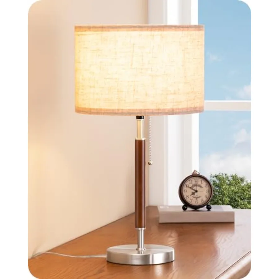 

Mid Century Table Lamp Solid Wood and Metal Bedside Lamp with Pull Chain Switch and Beige Linen Shade Retro Nightstand Lamp for
